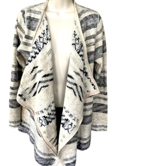 Lucky Brand Sweaters - Lucky Brand Womens Tribal Aztec Black Ivory Gray Print Open Front Drape Cardigan